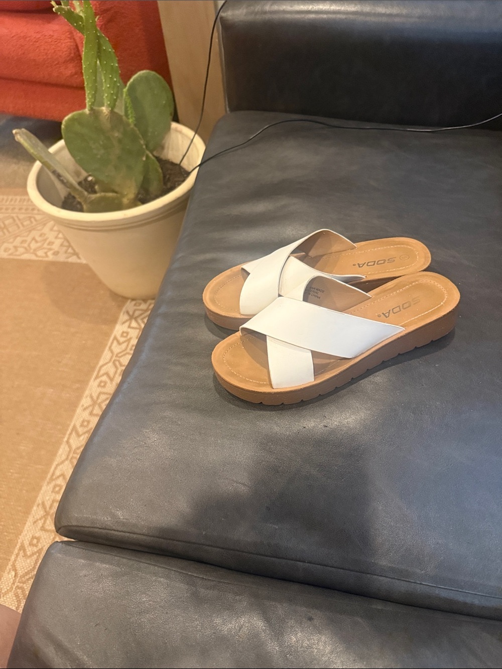 Soda White Crisscross Slide Sandals with Tan Footbed